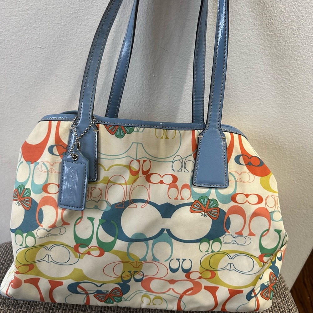 Coach Butterfly Shoulder Bag with Vibrant Pattern & Matching Wristlet Wallet EUC
